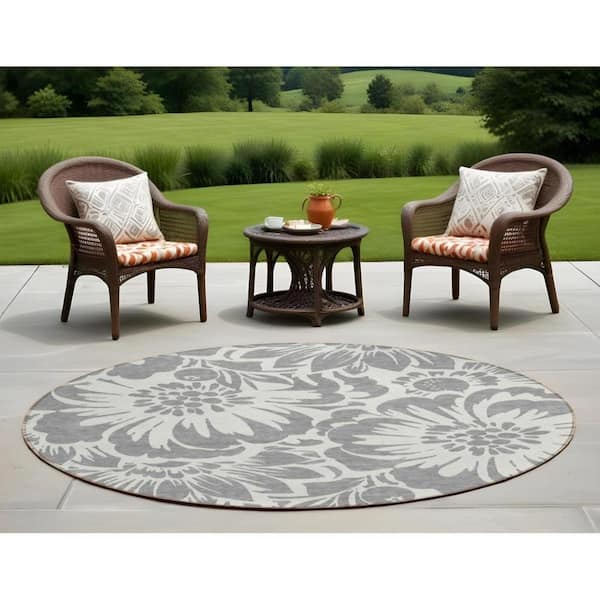 8' Round Gray And Ivory Round Floral Indoor Outdoor Area Rug 8' Round Gray And Ivory Round Floral Indoor Outdoor Area Rug