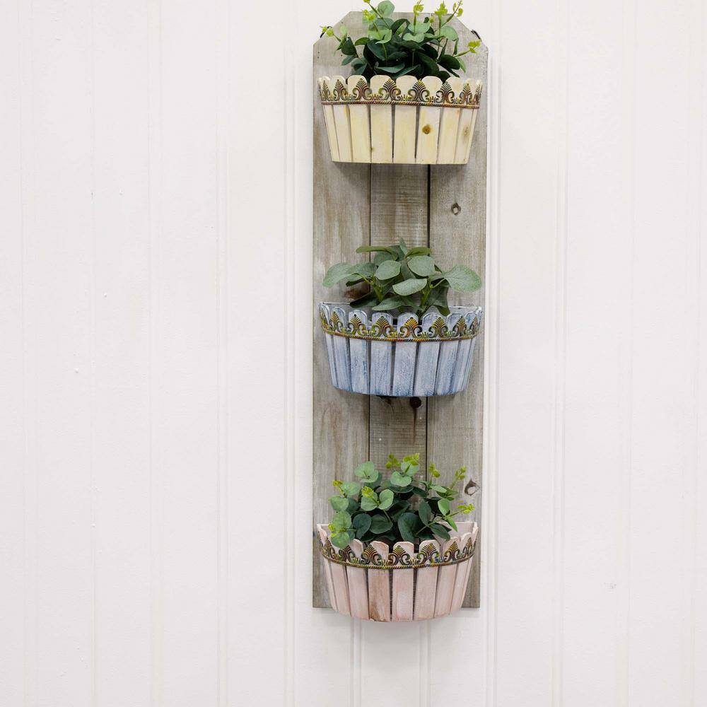 Rustic Wooden 35" Triple Basket Wall Planter for Indoor/Outdoor
