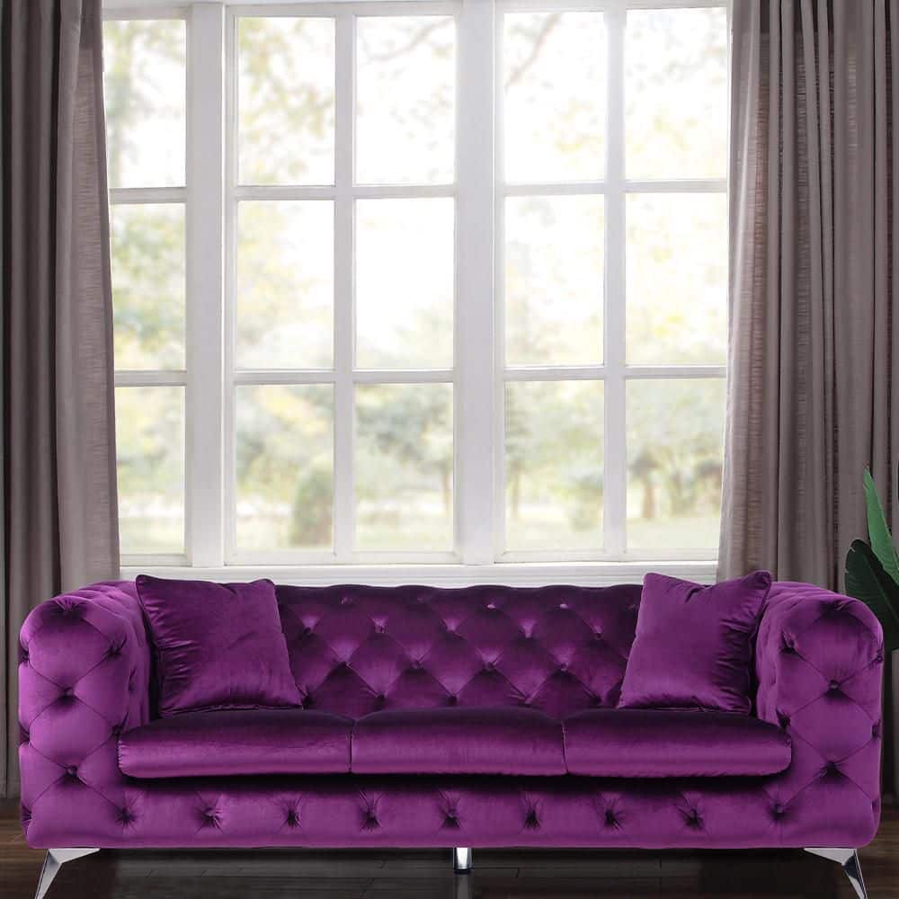 Elegant Chic Purple Velvet Tufted Sofa with Round Arms and Chrome Legs