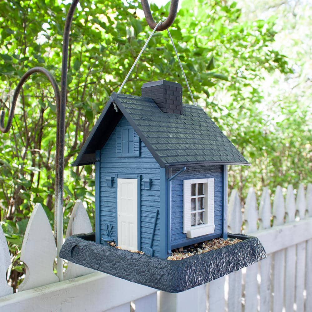 Blue Cottage Plastic Hanging Bird Feeder with Gray Roof