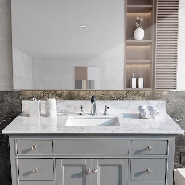 49 in. W x 22 in. D Marble Vanity Top in Grey with White Rectangular ...