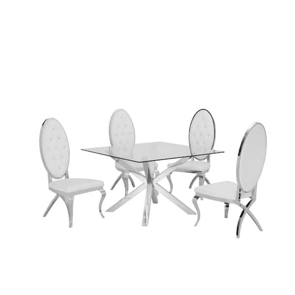 Best Quality Furniture Anitta 5-Piece Square Glass Top With Stainless Steel Base Table Set With 4 White Faux Leather Chairs With Crystals