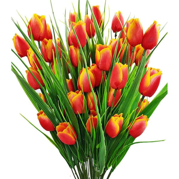 15.25 in. Orange 8 Bundles Outdoor Artificial Tulips Fake Flowers UV Resistant Faux Plastic Greenery Shrubs Plants
