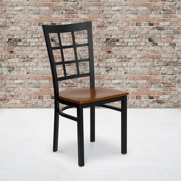 Hercules Series Black Window Back Metal Restaurant Chair with Cherry Wood Seat