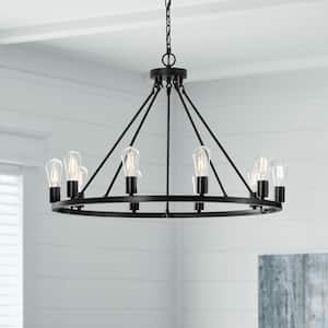 Stratton 10-Light Black Wagon Wheel, Industrial Farmhouse Dining Room Chandelier with Bulbs Included