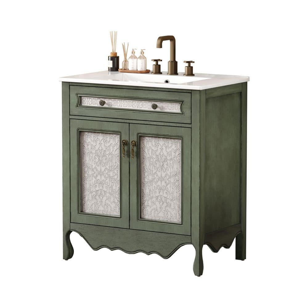 Ziyudura 30 in. Single Sink Antique Green Bath Vanity Cabinet with ...