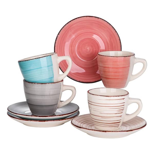 6.5 oz. Beige Gray Pink Turquoise Stoneware Coffee Cups and Coffee Saucers Set (Set of 8) Coffee Service Set for 4