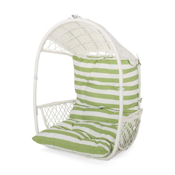 Unbranded Wicker Porch Swing, Hanging Chair with Water Resistant Cushion (Stand Not Included) for Porch, Balcony, White, Green
