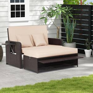 Wicker Outdoor Day Bed with Retractable Top Canopy Side Tables and Beige Cushions