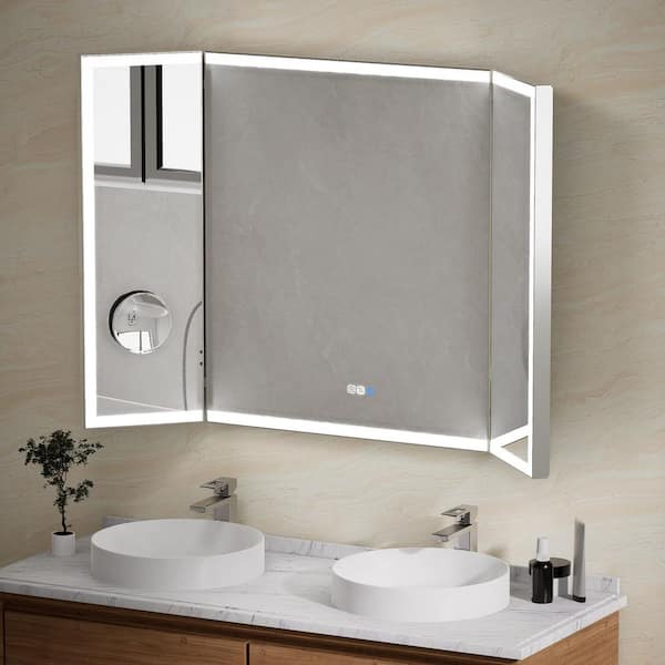 FORCLOVER 54 in. W x 36 in. H Tri-Fold Rectangular Framed Wall Mount LED Bathroom Vanity Mirror