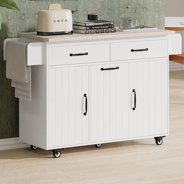 Staykiwi White Particle Board Kitchen Cart with 2 Door Cabinet, Spice Rack, Drop Leaf and Towel Rack