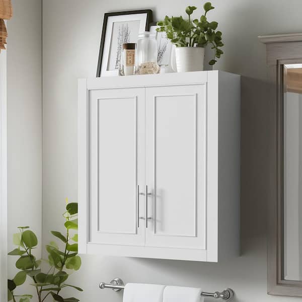 26 in. Tall White Wood 2-Shelf Wall-Mounted Bookcase with Storage