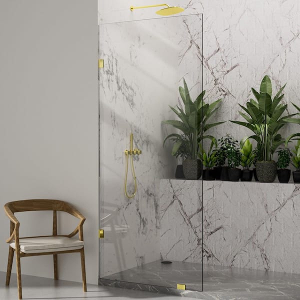 mortix 30 in. W x 78 in. H Fixed Panel Frameless Shower Door Screen in Brushed Gold with 3/8 in. (10mm) Clear Glass