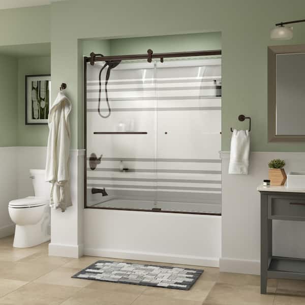 Delta Simplicity 60 x 58-3/4 in. Frameless Contemporary Sliding Bathtub Door in Bronze with Transition Glass