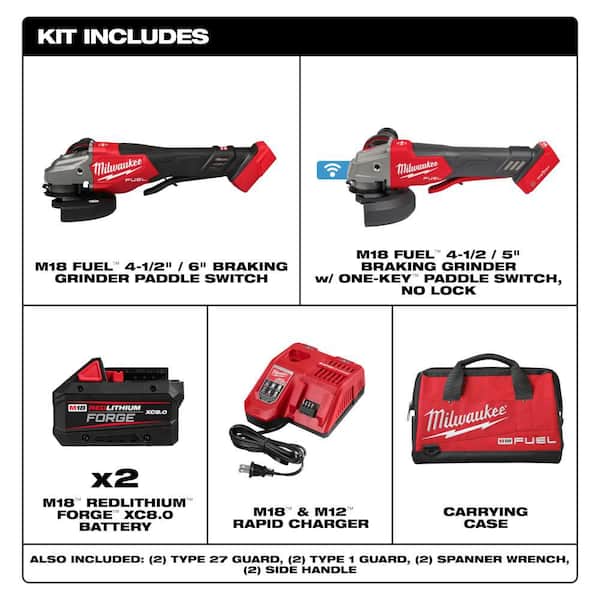 M18 FUEL 18-Volt Lith-Ion Cordless 4-1/2 in./6 in. Braking Grinder w/Paddle Switch & Two XC 8.0 Ah Battery & M18 Grinder