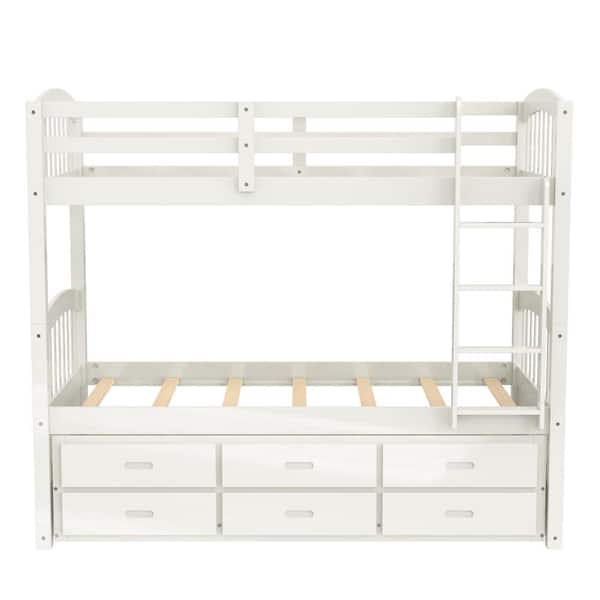 White Twin Over Twin Bunk Bed with Twin Trundle, Detachable Wood Kids Bunk Bed with 3 Drawers and Built-in Ladder