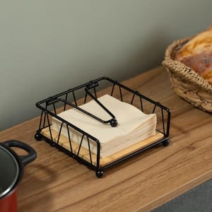 Flat Metal Square Napkin Holder with Weighted Arm and a Wooden Tray Perfect for, Kitchen Countertop and Napkin Holder