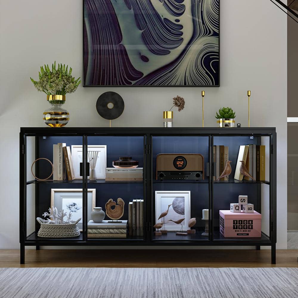 Black Wood Accent Cabinet with Glass Doors and LED Lighting