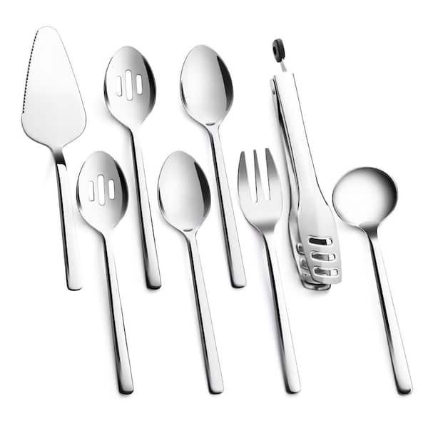 8-Piece Silver 18/10 Stainless Steel Flatware Set (Service for 1), 10 in. Serving Utensils, Slotted Spoons, Forks, Tongs