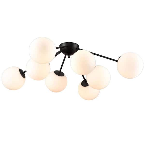 CLAXY 16.25 in. 8-Light Black Modern Semi-Flush Mount with Frosted Glass Shade and No Bulbs Included 1-Pack