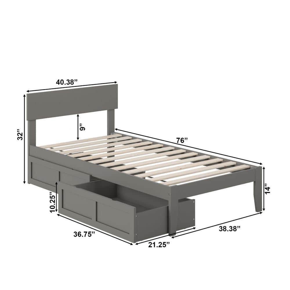 Gray Twin Wood Platform Bed with Storage Drawers