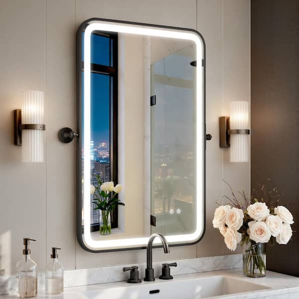 23 in. W x 35 in. H Rounded Rectangular Black Framed LED Lighted Antifog Tilt Pivot Wall Mount Bathroom Vanity Mirror