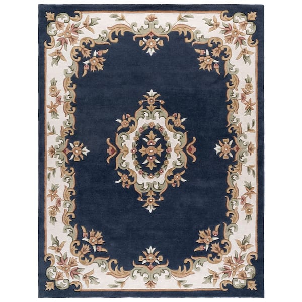Aubusson 8 x 10 Dark Blue/Ivory Medallion Area Rug