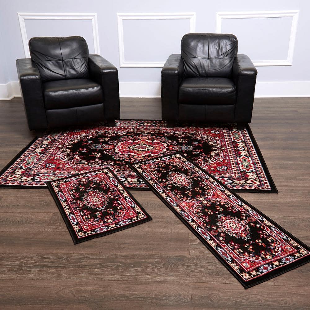 Classic Persian Style Black and Red Synthetic Area Rug Set