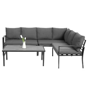 4-Piece Furniture Set All-Weather Wicker Patio Conversation Set with Gray Cushions and Coffee Table