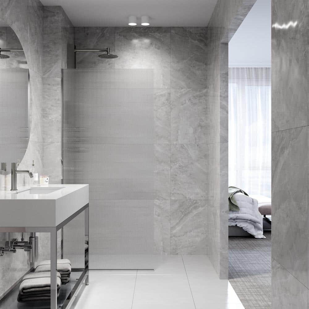 Zenith 34" x 74" Frameless Shower Screen with Fluted Glass in Black