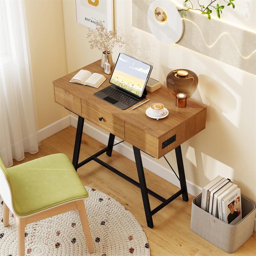 Makeup Vanity Desk with Flip Top Mirror Dressing Table Set w/ Large Drawer and 6 Compartments Black Plus Rustic Brown