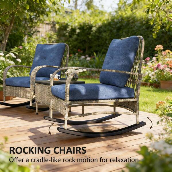 Gray 3-Piece All-Weather Wicker Outdoor Bistro Set Patio Rocking