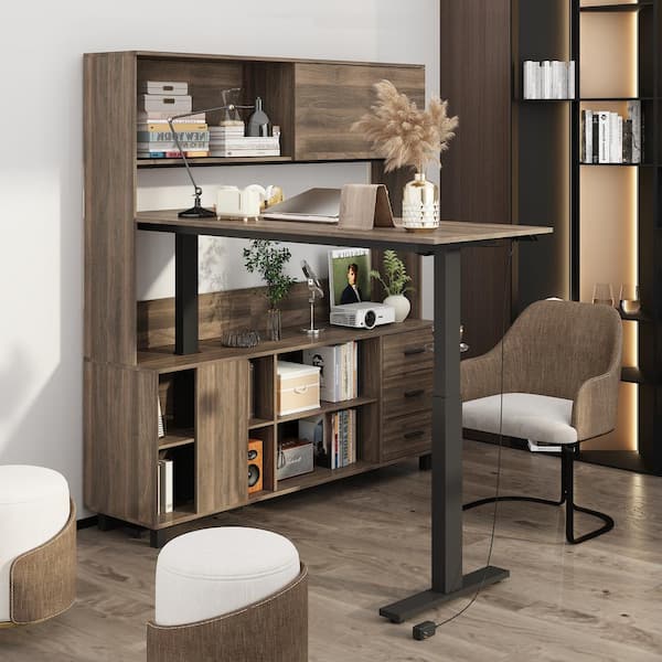 L-Shaped 63 in. W Adjustable Height Desk Ergonomic Stand-Up Desk Walnut Brown Home Sit with Bookcase, Button Controller