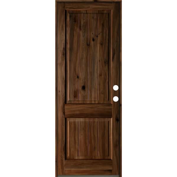 Krosswood Doors 36 in. x 96 in. Rustic Knotty Alder Square Top V-Grooved Provincial Stain Left-Hand Wood Single Prehung Front Door