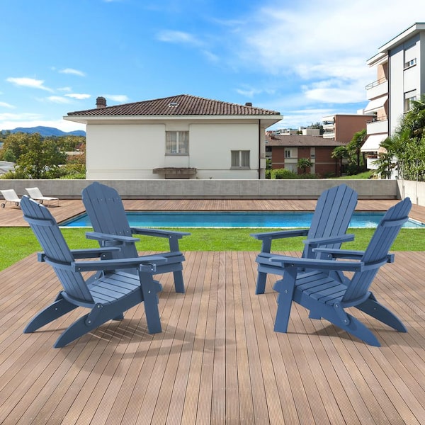 Navy Blue Folding Plastic Outdoor Adirondack Chair Patio Fire Pit Chair for Outside (4-Pack)