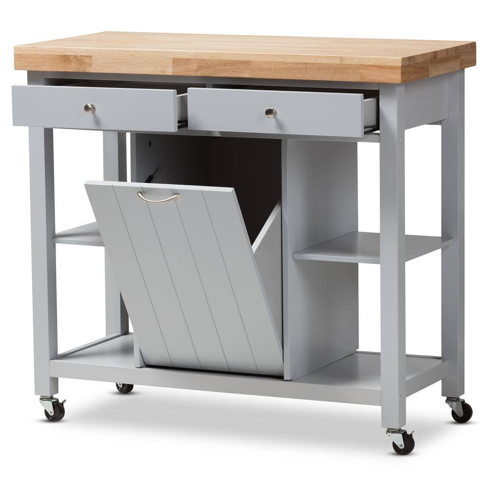 Light Gray Rubberwood Kitchen Island Cart with Storage