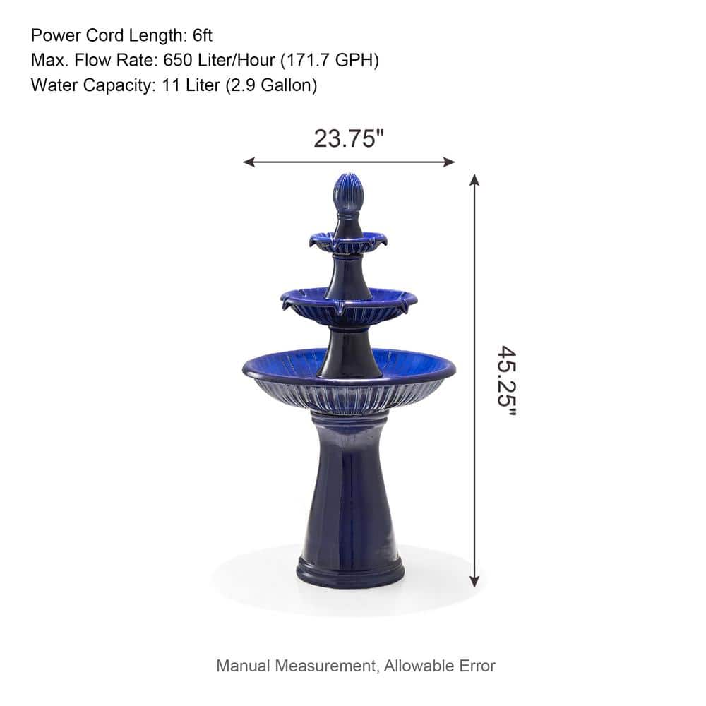 45.25" Cobalt Blue Ceramic 3-Tier Outdoor Fountain with LED Light