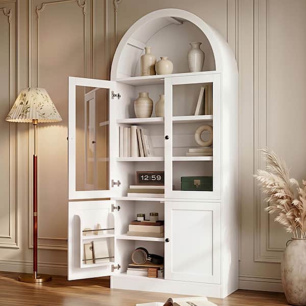 White 71.25 in. H Arched Top Storage Cabinet with 2 Tempered Glass Doors