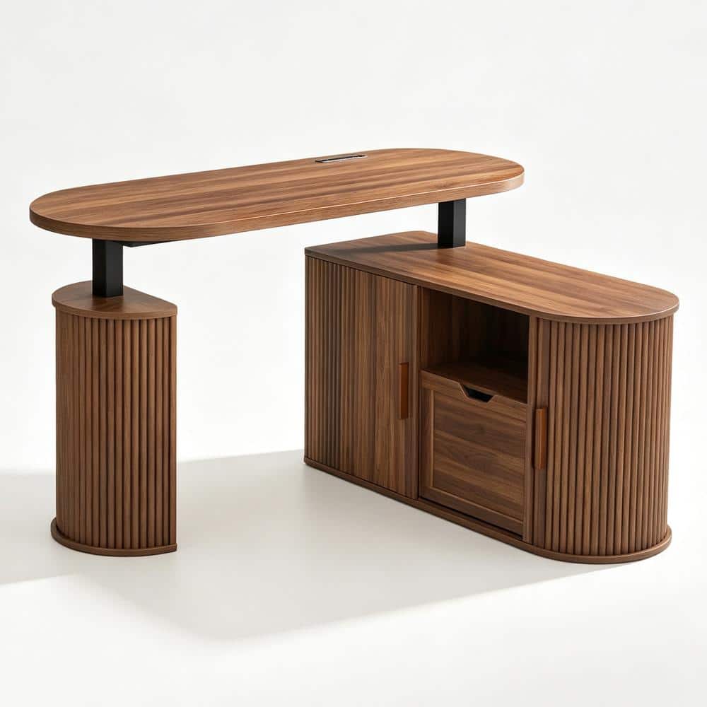 55.12" Fluted Round Executive Desk, Independently Walnut Workstation with Storage Cabinet & Pull-Out File Drawer