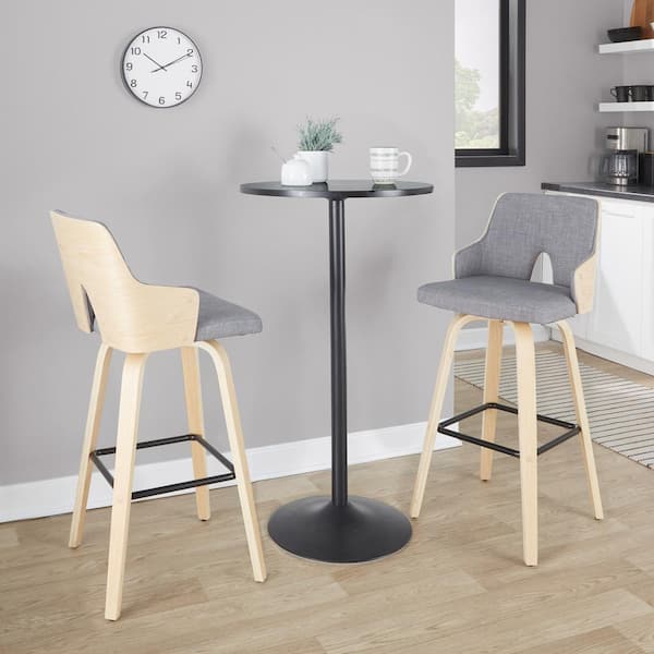 LumiSource Stella 29.75 in. Bar Natural Depot Light Stool Black Fabric, Grey (Set NANALGY2 Wood and The B30-STELLA-GRTZX2 Square Home - 2) of Fixed-Height Metal Footrest