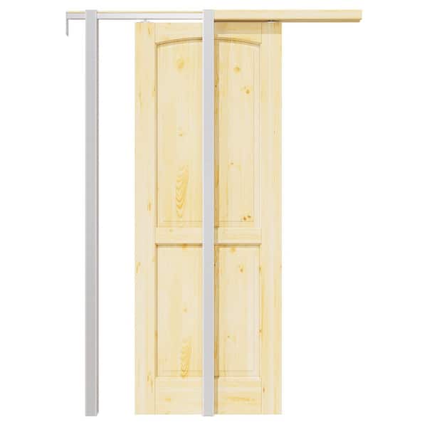 ARK DESIGN 28 in. x 80 in. Arch 2-Panel Unfinished Pine Wood Pocket Door with Steel Door Frame and Hardware (Soft Close Included)