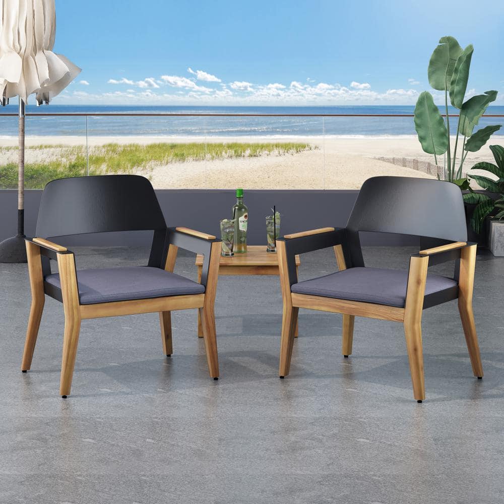 Teak and Black Acacia Wood Outdoor Club Chairs with Dark Gray Cushions, Set of 2