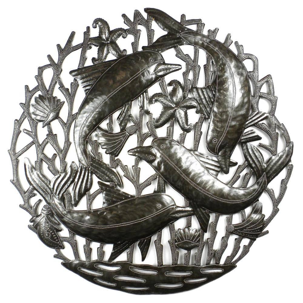 Global Craft Pod of Dolphins Haitian Steel Drum Wall Art, Grey & Metallic -  HMDDOLP_GWH