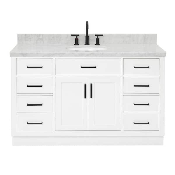 Hepburn 54 in. Single Sink Freestanding Bathroom Vanity in White with Carrara White Marble Top
