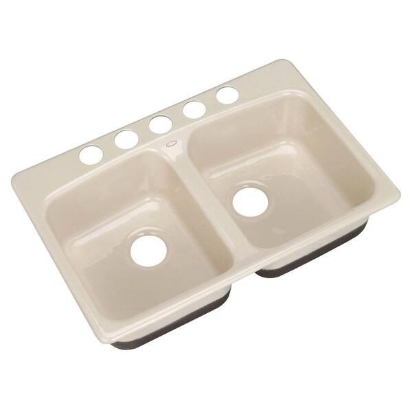 KOHLER Brookfield Undermount Cast Iron 33.in 5-Hole  Double Bowl Kitchen Sink in Almond-DISCONTINUED