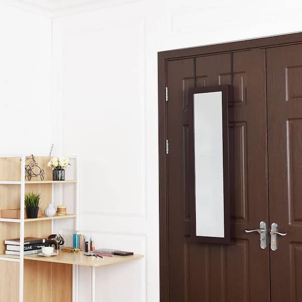 12.5 in. x 3.5 in. x 53 in. Brown Wood Wall Mounted Door Mirrored Jewelry Cabinet Standing Vanity Storage Box