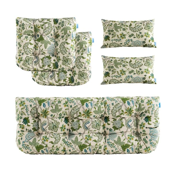 BLISSWALK Outdoor Floral Cushions Loveseat Chair with Bench Cushion Replacement Patio Furniture in White Green L19"xW44"(Set of 5)