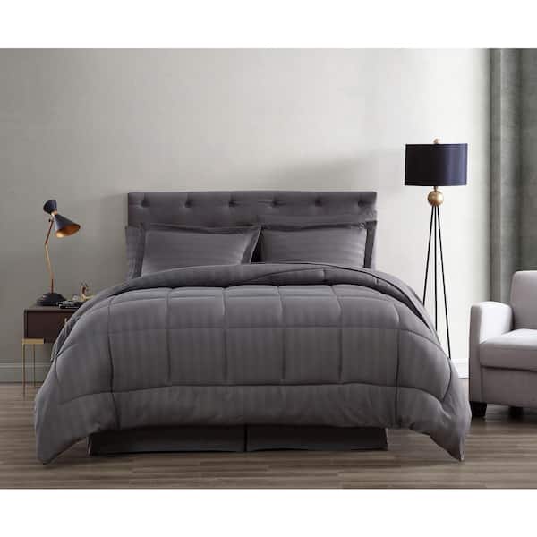 The Nesting Company Maple Dobby Stripe 8-Piece King Gray Bed in a Bag Microfiber Comforter Set