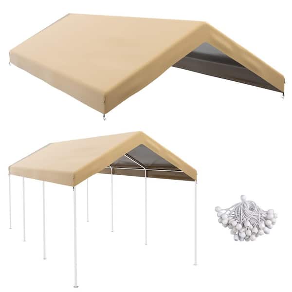 10 ft. x 20 ft. Beige Garage Carport Replacement Top Canopy Cover, Waterproof and UV with Ball Bungee Cords (Only Cover)