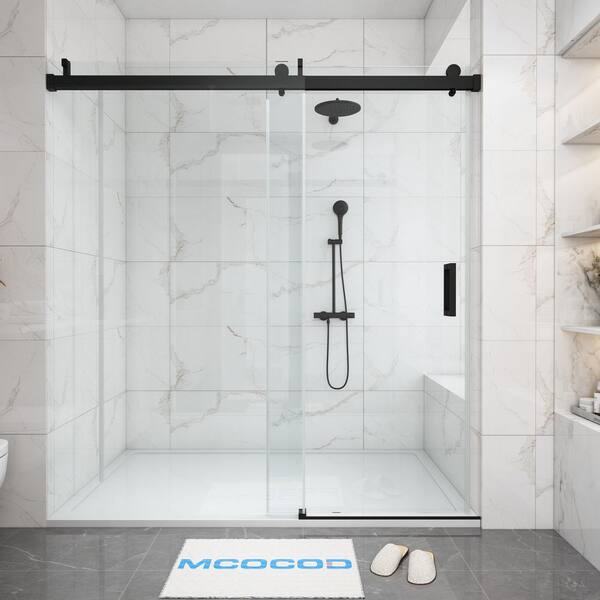 Mcocod 72 In W X 76 In H Single Sliding Frameless Soft Close Shower Door In Matte Black With 3 8 In 10 Mm Clear Glass Ss08 72x76 Bl The Home Depot
